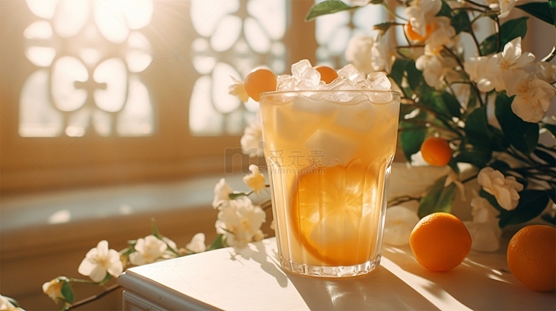 奶茶水果茶橙子冰块鲜花唯美场景
