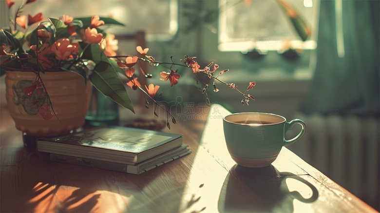 咖啡茶书籍鲜花植物唯美场景