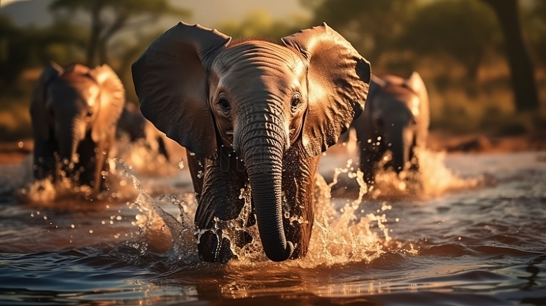 亚洲大象玩水