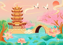 武汉樱花春天国潮插画海报