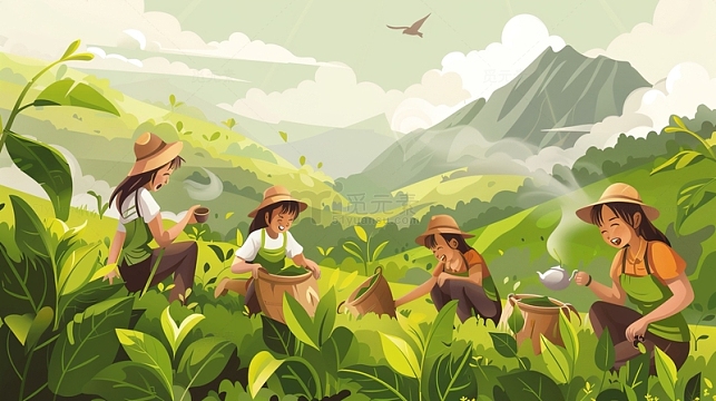 茶园春色采茶女工忙碌的场景