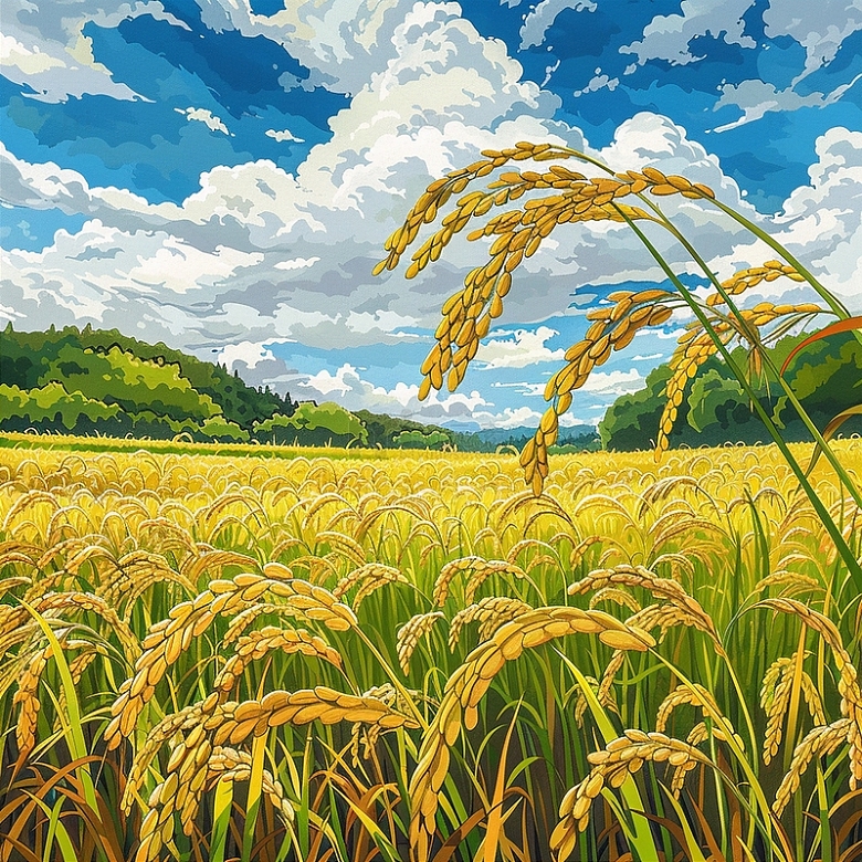 黄色稻田大米蓝色天空手绘风景
