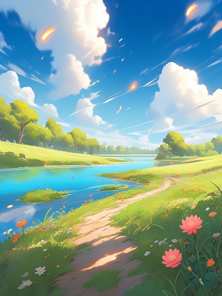 河流草地花朵蓝天白云二次元风景插画