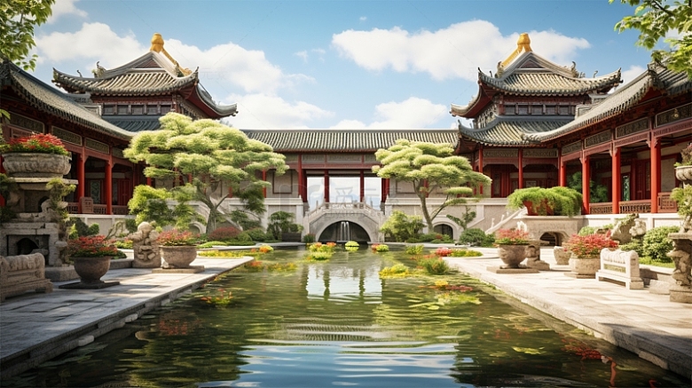 中式建筑庭院人工湖池塘植物