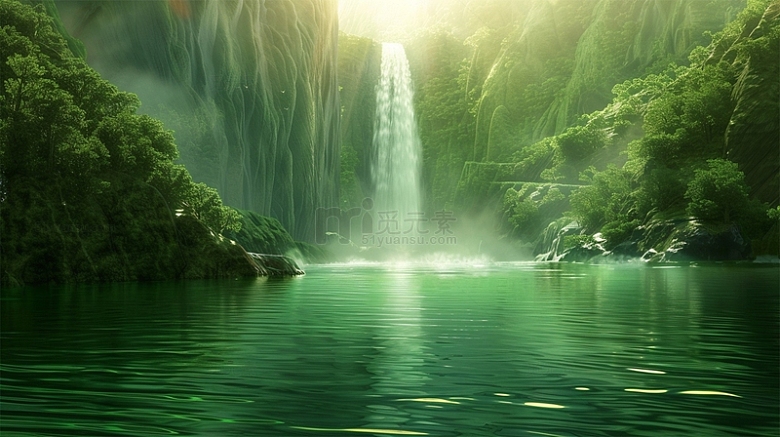 绿色瀑布唯美植物水面风景
