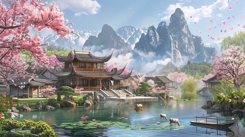 中国风建筑山水桃花植物场景