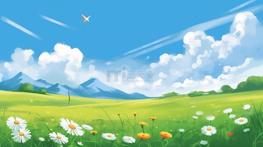 夏天植物蓝天白云山树唯美插画