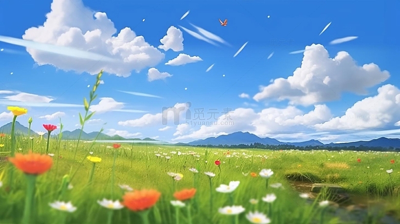 蓝天白云彩色鲜花花朵背景