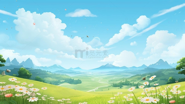 梦幻天空云朵绿色小清新春天海报背景