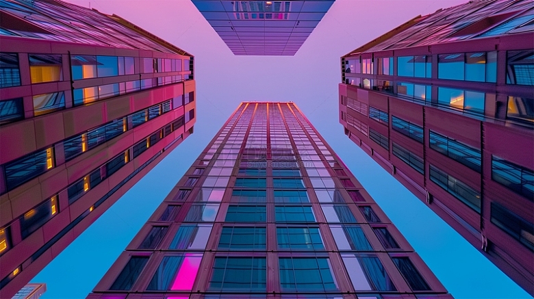紫色建筑城市高楼大厦仰视场景