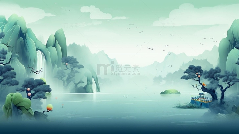 中国式诗意山水画背景
