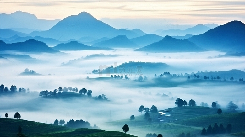 中国风山水单色水墨云雾植物场景