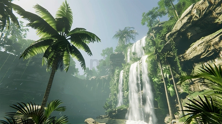 椰子树绿色瀑布热带植物风景