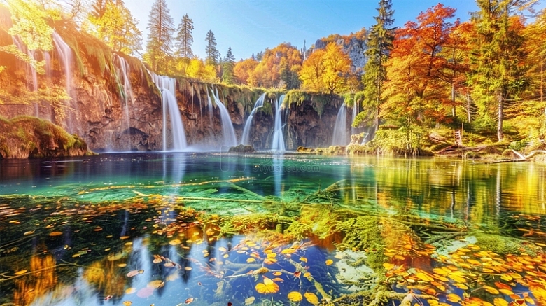 瀑布自然秋天暖色唯美风景