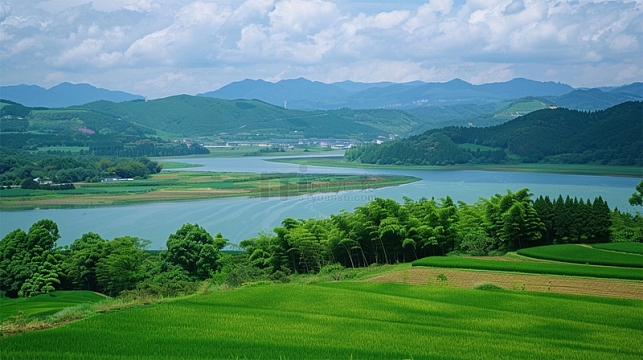 大河山峦绿色植物农田风景