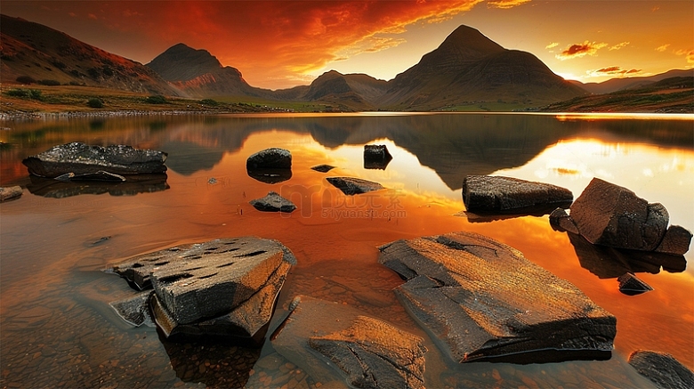 山水湖面自然石头暖色调场景
