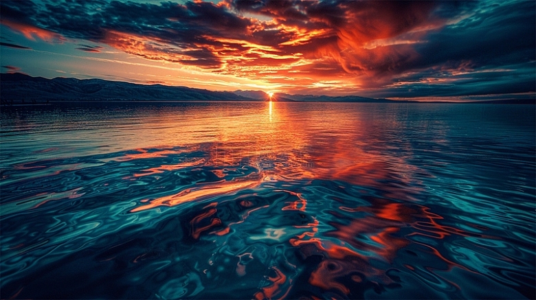 夕阳云朵水面湖面唯美场景