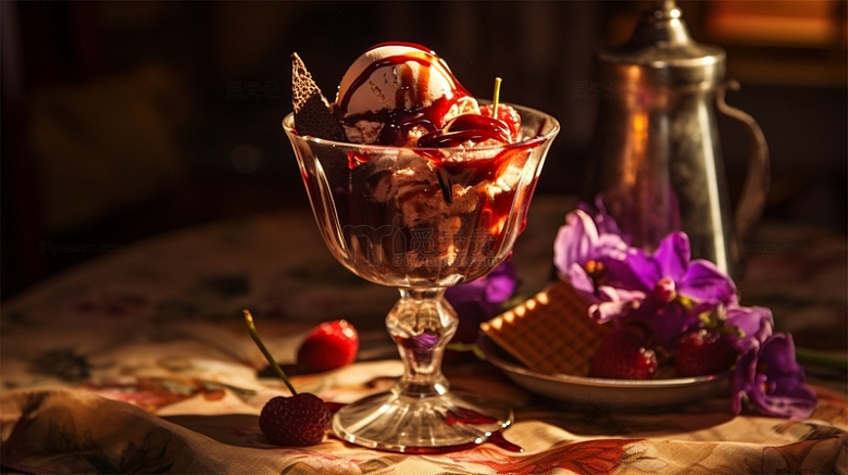 冰淇淋红色果酱草莓茶壶场景