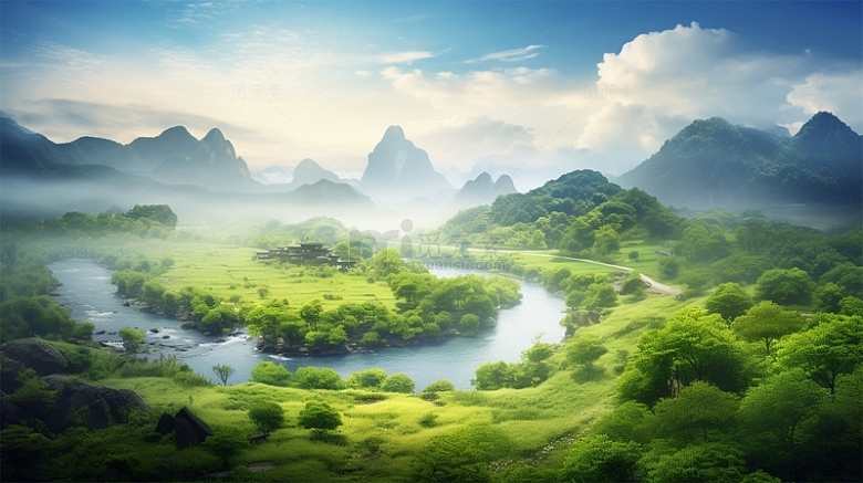 山峰河流绿色植物白云场景风景