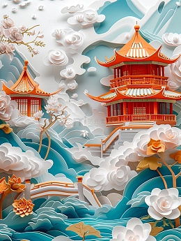 剪纸国风山水建筑