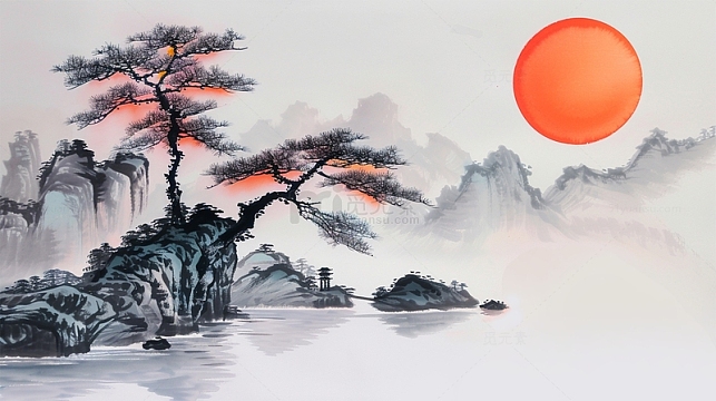 中国风水墨黑白红色太阳山水松树