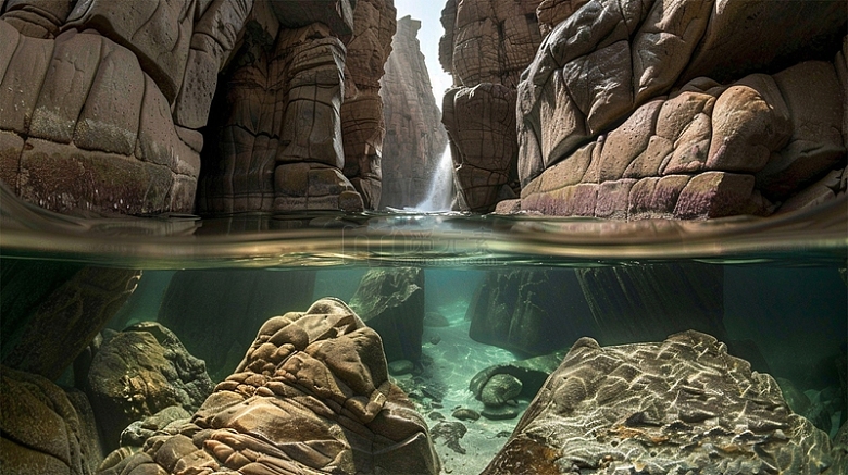 水面水下清澈巨石瀑布风景