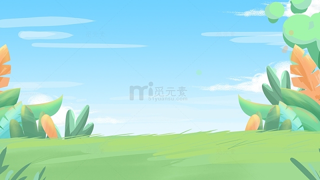 手绘卡通草坡树木草丛白云蓝天背景
