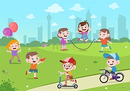 在公园草地上玩耍的孩子