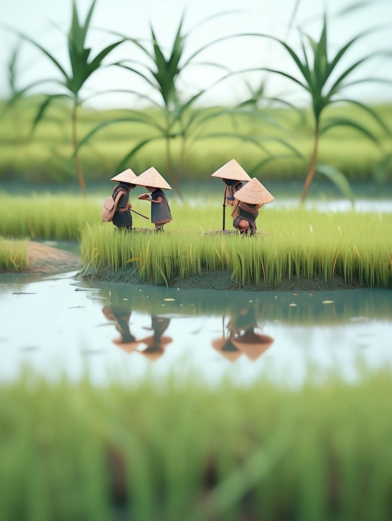农民耕作水稻微缩景观