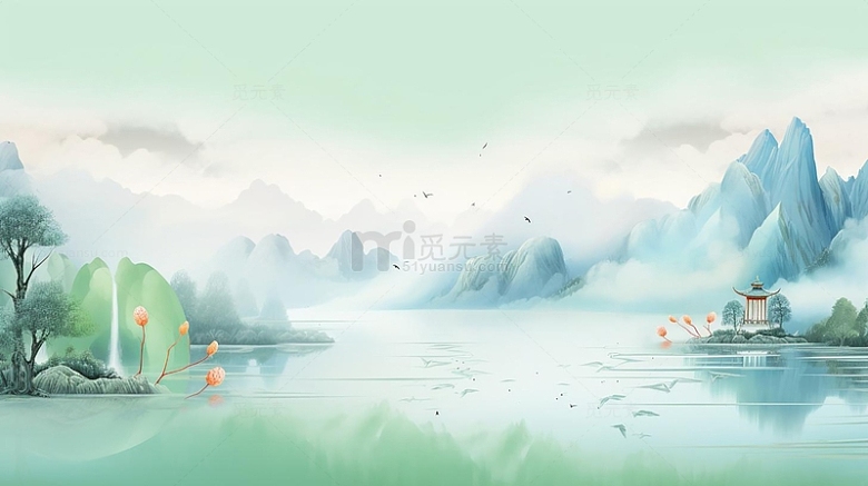 中国风云雾山水插画背景