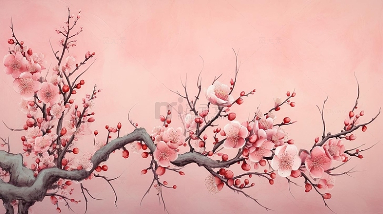 中国风粉色手绘桃花树枝插画背景