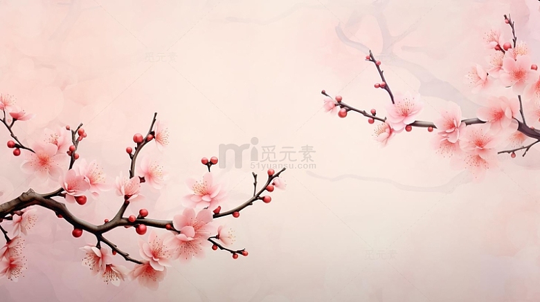 中式唯美粉色手绘桃花树枝插画背景