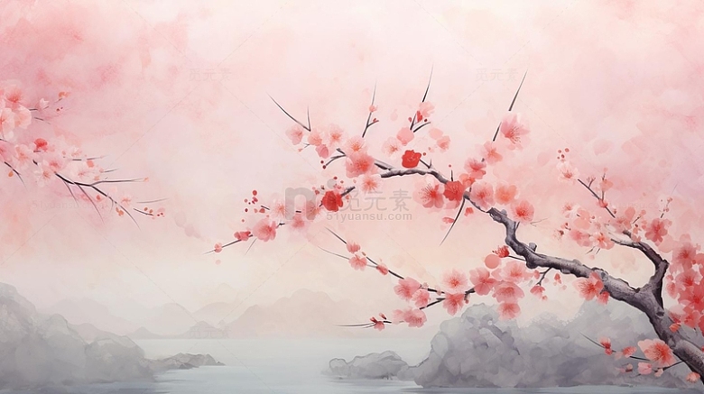 中式复古粉色手绘桃花树枝插画背景