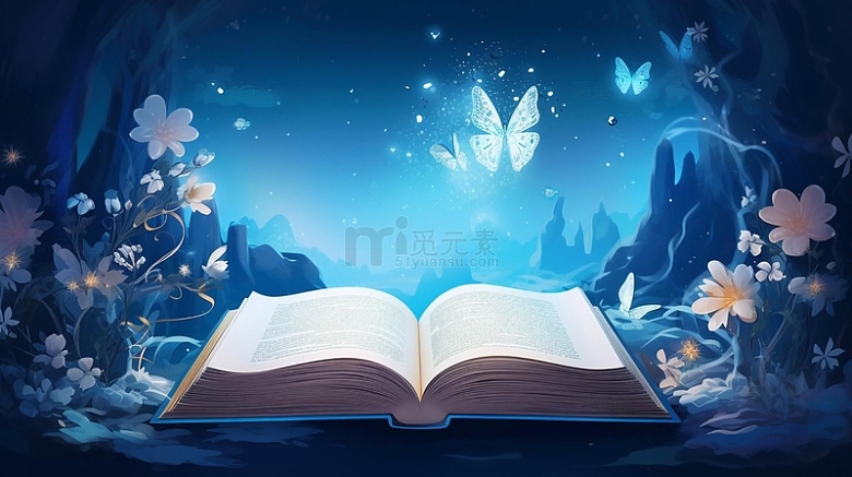 蓝色手绘梦幻打开书本书堆花朵插画背景