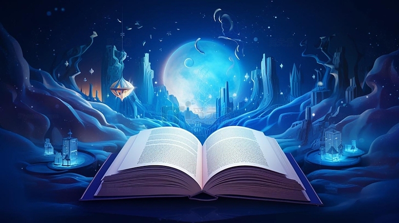 蓝色手绘梦幻打开书本书堆插画背景