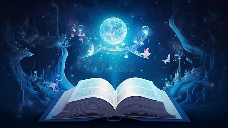 蓝色手绘梦幻打开书本书堆星空插画背景