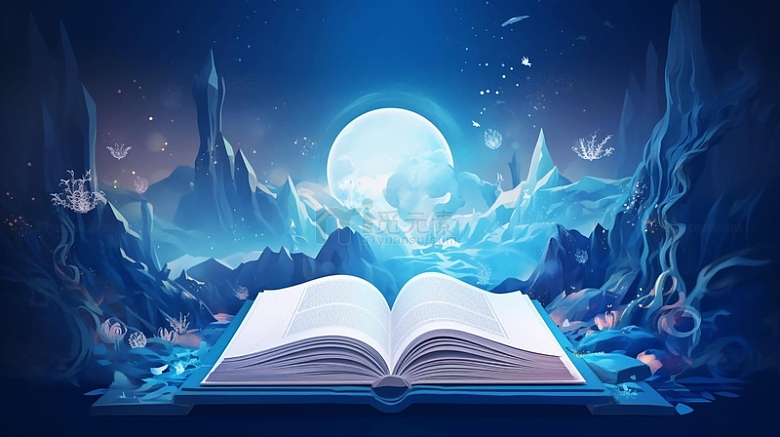蓝色手绘梦幻打开书本书堆星空山脉背景