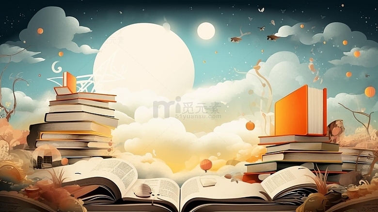 可爱卡通手绘书本书堆蓝色月亮星空背景