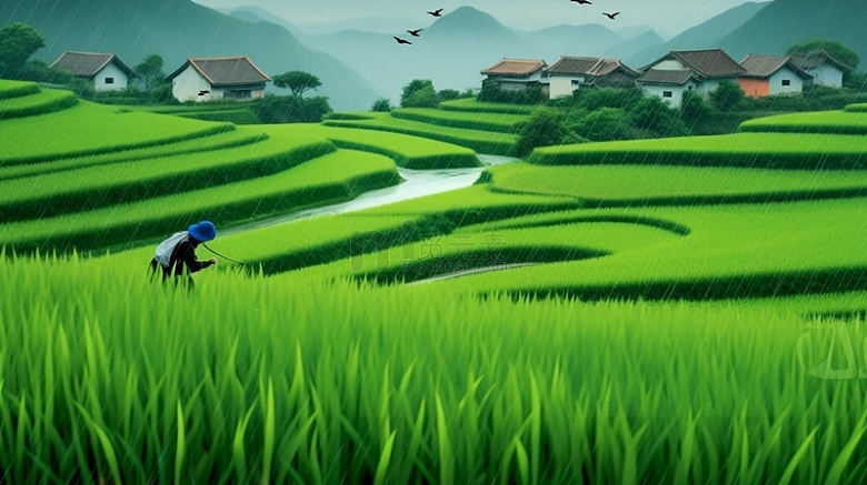 手绘绿色稻田背景