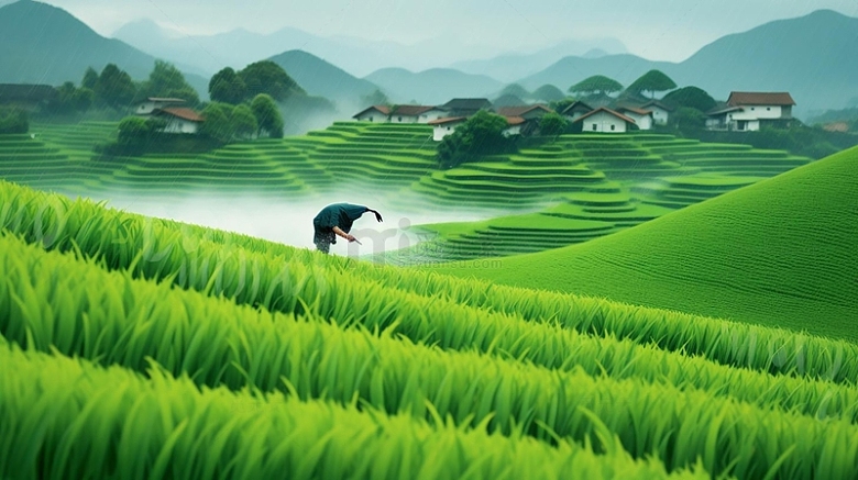 绿色守护水稻插画背景