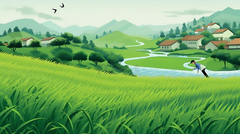 手绘卡通绿色水稻插画背景