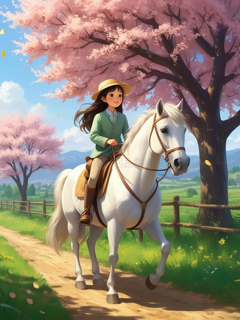 儿童插画骑马的少女