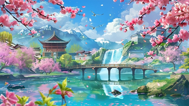 桃花瀑布中式建筑山水风景