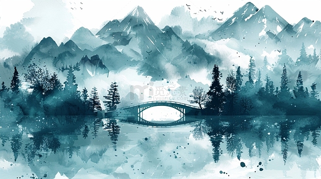 山水水墨植物桥倒影插画
