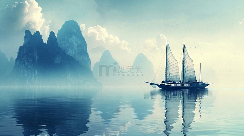 山水帆船蓝天白云倒影水面