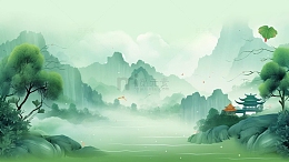 中国风水墨山水画绿色背景