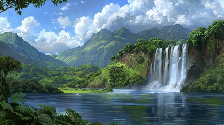 绿色植物瀑布蓝天白云风景