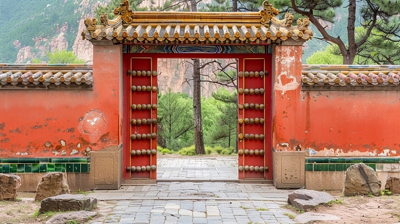 中式大门红色红墙砖瓦传统