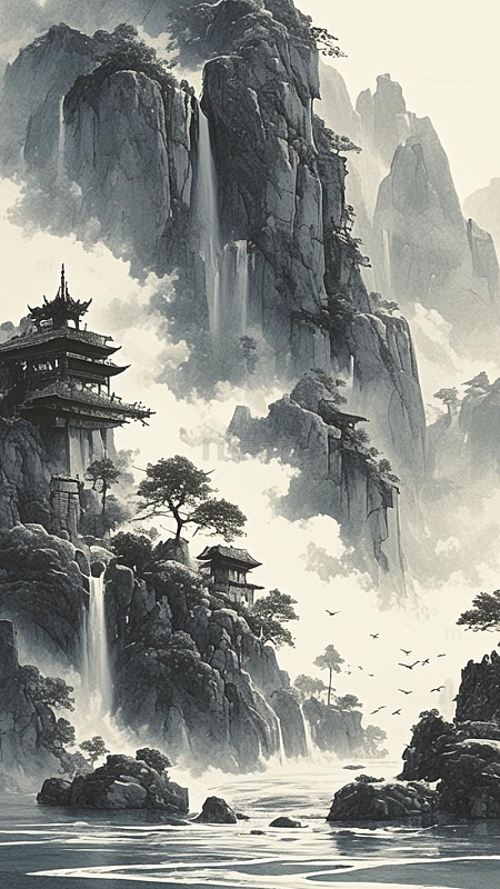 jpg高山阁楼索桥黑白水墨画jpg古风山水黑白水墨画jpg古风黑白水墨