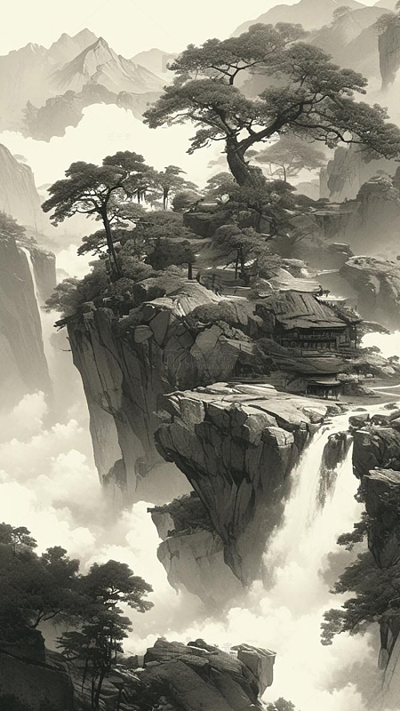 古风山水黑白水墨画